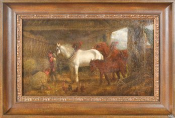 Antique Oil On Canvas, Stable With Horses And Grooms (CTF10)