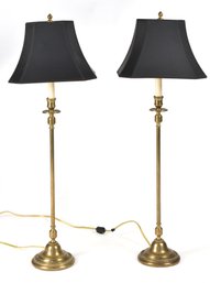 Pr. Decorative Brass Candlestick/buffet Lamps W/ Black Shades  (CTF20)