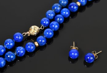 14k Gold Lapis Beaded Necklace W/ Matching Stud Earrings (CTF10)