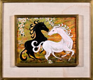 Vintage Enameled Plaque, Black And White Horses (CTF10)