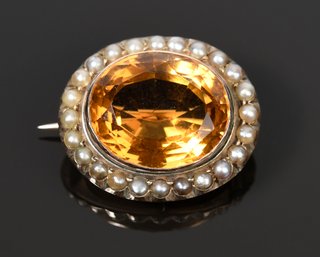 Antique Rose Gold Citrine And Pearl Pin (CTF10)