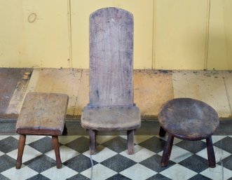 19th C. Primitive Childs Chair And Two Footstools (CTF10)