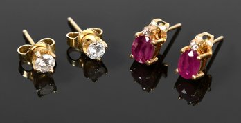 14k Gold Ruby & Diamonds Studs, 2prs.  (CTF10)