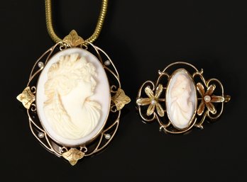 Two Vintage 10k Gold Shell Cameo Pins (CTF10)