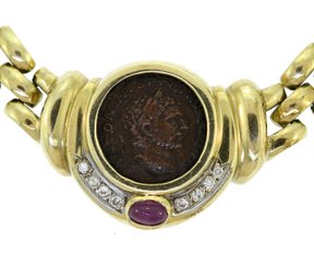 14k Gold, Roman Coin Ruby And Diamond Necklace (CTF10)