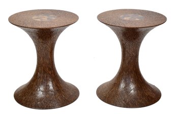 Pair Of Modern Design Carved Wood And Inlaid Tables (CTF30)