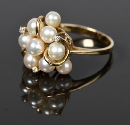 14k Gold Pearl Cluster Ring W/ Diamonds (CTF10)