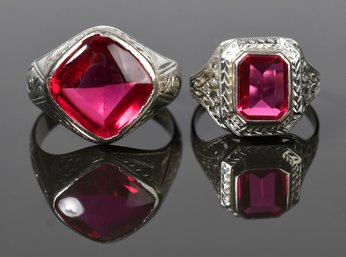 Two, Vintage 14k Gold Synthetic Ruby Rings (CTF10)