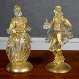 Pr. Vintage Murano Glass White And Gold Figurines (CTF20)