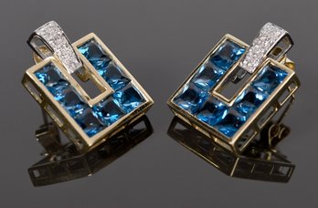 14k Gold Blue Topaz & Diamond Earrings (CTF10)
