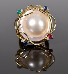 14k Gold Mabe Pearl, Ruby, Emerald, Sapphire & Diamond Ring  (CTF10)