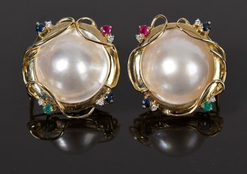 14k Gold Mabe Pearl Earrings W/ Ruby, Emerald, Sapphire & Diamond (CTF10)