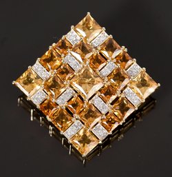 14k Gold Citrine & Diamond Sq. Pin/pendant (CTF10)