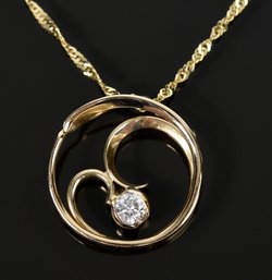 14k Gold Circle & Heart Pendant W/ Diamond & Chain, By Tom Kruskal  (CTF10)