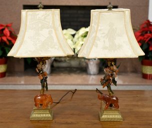 Pr. Vintage Nicholas Hayden Carved Hard-stone Elephant Lamps (CTF20)