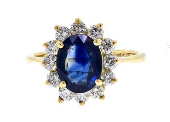 14k Yellow Gold Oval Blue Sapphire & Diamond Ring (CTF10)