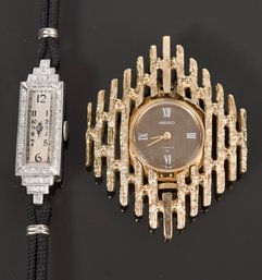 Vintage Art Deco Platinum Diamond Wrist Watch W/ Brutalist Costume Seiko Pendant Watch (CTF10)