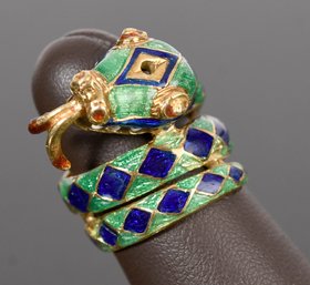 18k Gold Enameled Green & Blue Snake Ring (CTF10)