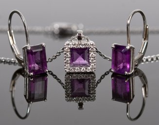 14k Gold Amethyst And Diamond Necklace & Amethyst Earrings (CTF10)