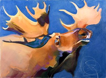 Contemporary Bob Ransley Oil On Canvas, Moose On Blue (CTF10)