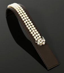 14K Triple Strand Pearl Bracelet W/14k Gold Diamond & Pearl Clasp (CTF10)