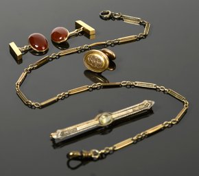 10k & 14k Antique Bar Pin, Watch Chain & Cuff Links (CTF10)