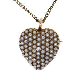Antique Gold Pearl Puffed Heart Pin/pendant With Diamond (CTF10)