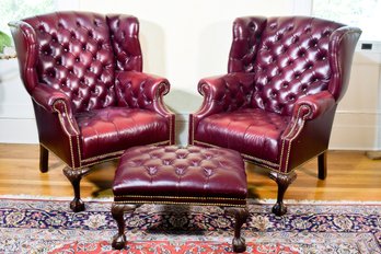 Pr. Vintage Burgundy Leather Wing Chairs And Ottoman, 3pcs (CTF40)