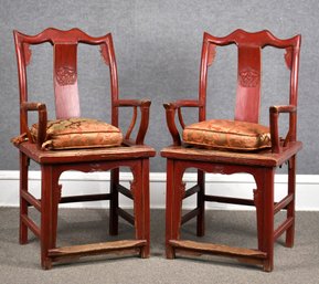 Pr. Antique Chinese Red Painted Armchairs (CTF20)