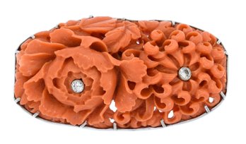 Antique Carved Coral & Platinum Pin (CTF10)