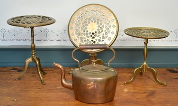 Three Antique Brass Trivets And Teapot (CTF10)