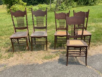 Five Antique Oak Pressed Back Chairs (CTF30)