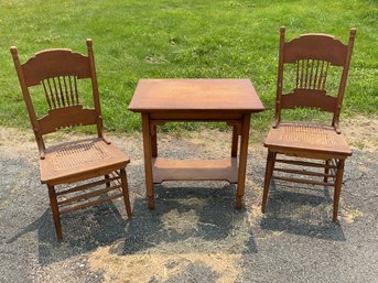 Antique Oak Table And Two Caned Chairs (CTF20)