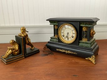 Victorian Mantle Clock And Vintage Figural Bookends, 3pcs (CTF20)