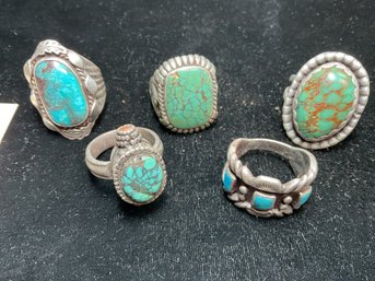 Five Native American Sterling And Turquoise Rings (CTF10)