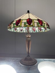 Vintage Bronze Lamp With Leaded Stained Glass Shade (CTF20)