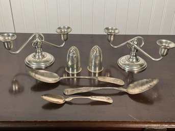 Sterling Weighted Candelabra, Coin Spoons And S &P (CTF10)