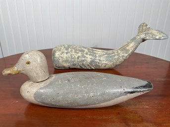 Antique Folk Art Carved Whale And Antique Seagull  (CTF10)