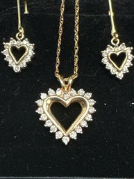 14K Gold And Diamond Heart Necklace & Earrings