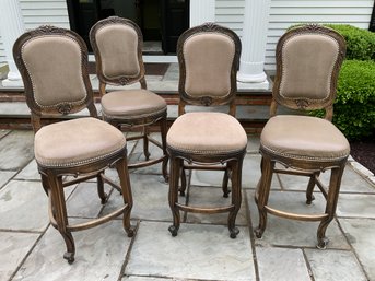 Four Carved Wood & Leather Bar Stools, 2 Of 2 (CTF30)