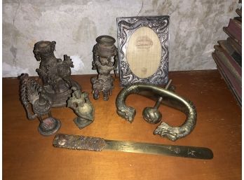 Asian Metal Collectible Lot: Frame, Brass Door Handle, Letter Opener And Figures (CTF10)