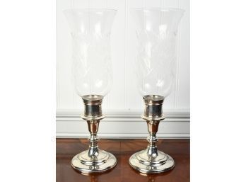 Weighted Sterling Candlesticks With Etched Glass Shades (CTF10)