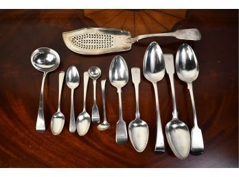 Assorted English/hallmarked Sterling Serving Pieces, Fish Slice And Spoons, 17.9 Ozt (CTF10)