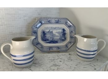 Two Burliegh Ironstone Pitchers & Transfer Ware Platter (CTF20)