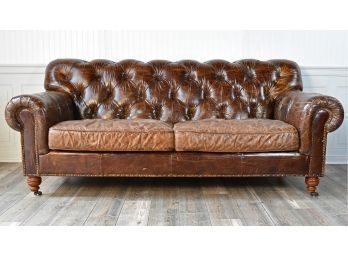 Vintage Custom Made Tufted Brown Leather Sofa (CTF40)