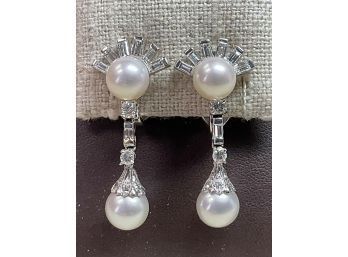 Lovely Vintage 14K Gold Diamond And Pearl Drop Earrings (CTF10)