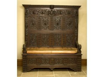 Large Antique English Carved Oak Hall Bench (CTF40)