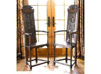 Pr. 19th C. Carved High Back Hall Chairs (CTF20)