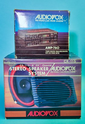 Audiovox Vintage Car Audio Lot AMP-760 CX-115 Graphic Equalizer And Speakers In Box