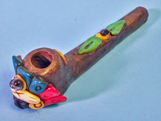 Ornate Native American Design Hand Carved And Painted Tobacco Pipe